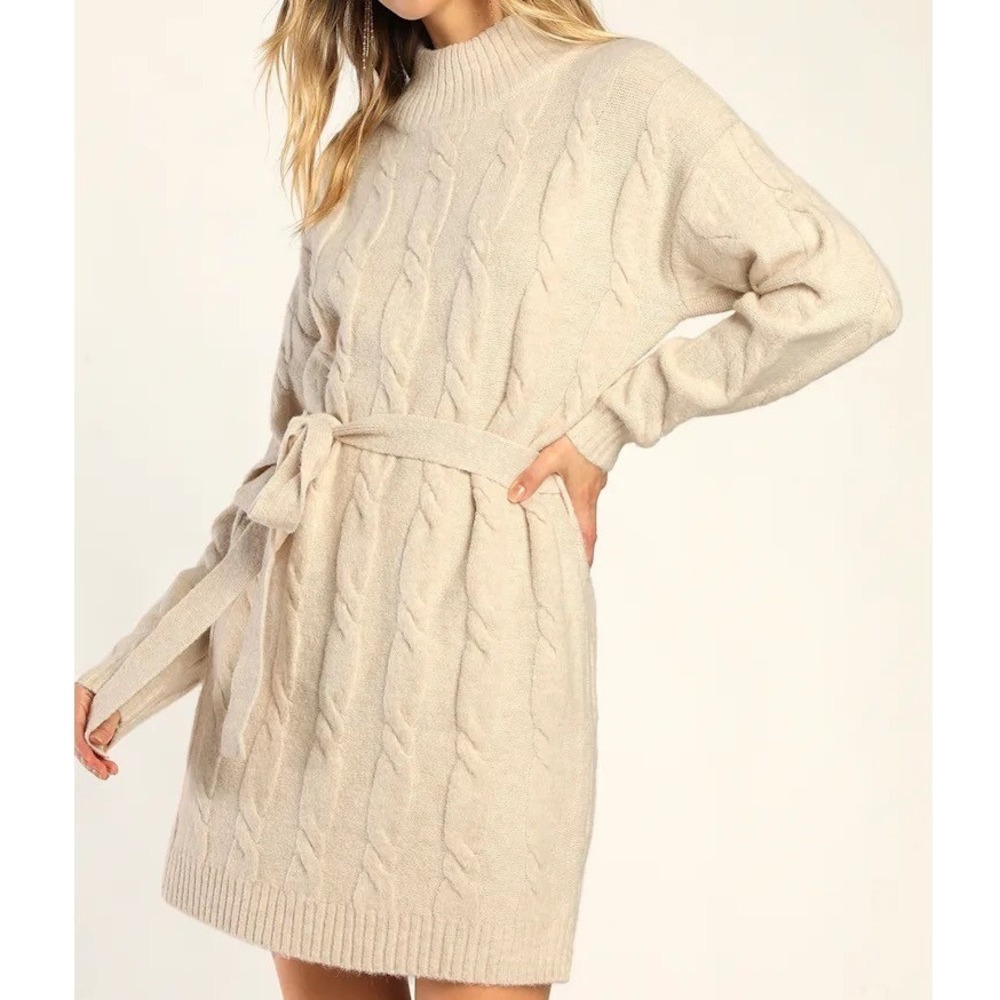 Lulus Women Beige Cable Knit Mock Neck Tie Waist Sweater Mini Dress Fall S NEW